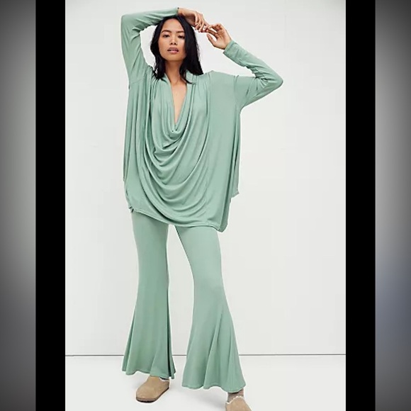 Light green romy free people pant & top set wide leg ribbed $128 casual fall - Picture 1 of 5